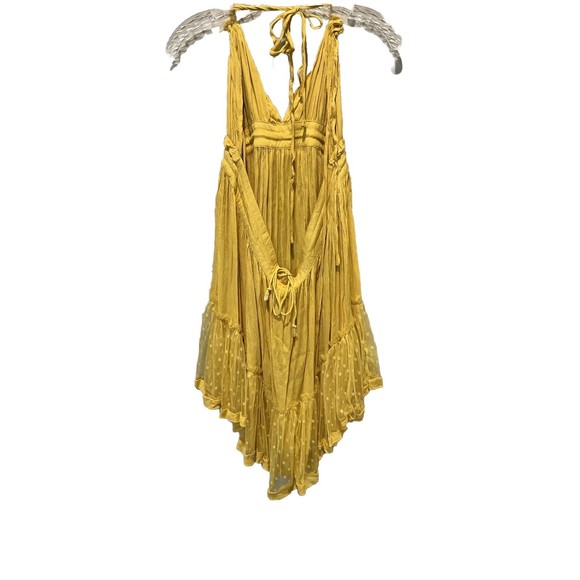 R.Vivimos Small Mustard Boho Halter  Backless Lace Polkadot Dip Hem Mini Dress - Picture 2 of 9